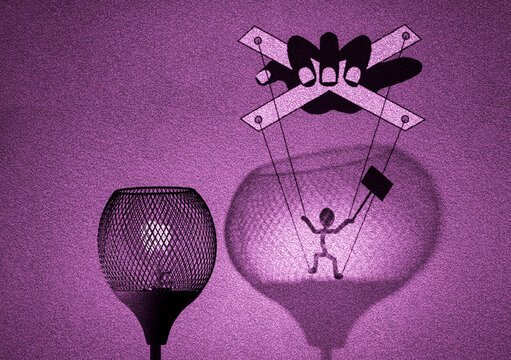 Gaslight with silhouette of puppet on strings being manipulated by a hand in shadow cast by the lamp on wall, political gaslighting concept illustration