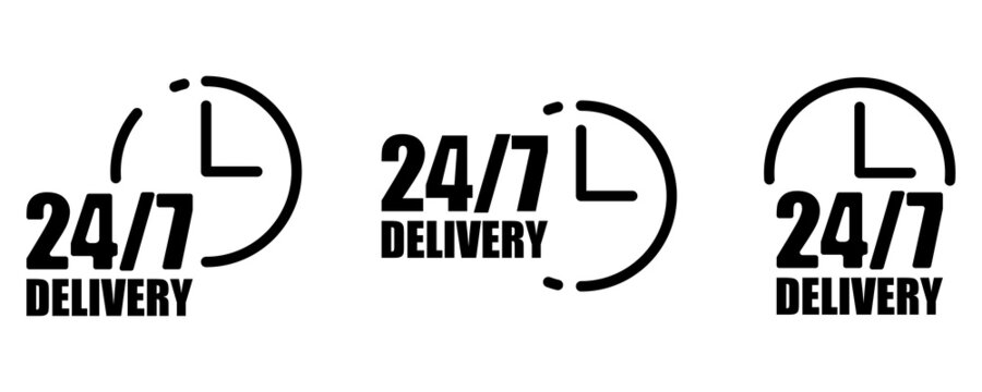 24 7 delivery icon. Three signs. Clock symbol. Arrow element. Service concept. Vector illustration. Stock image. 