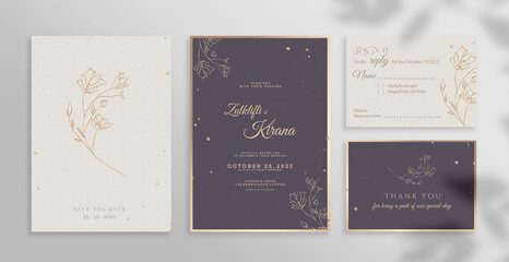 Minimalist Elegant Wedding Invitation Set with Gold Flower and Purple Background