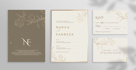 Minimalist Elegant Wedding Invitation Set with Gold Flower 