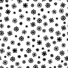 Seamless pattern of black snowflakes on a white background. Simple pattern for backdrops, wrapping paper and seasonal design. Christmas background with snow in scandinavian style - 478666828
