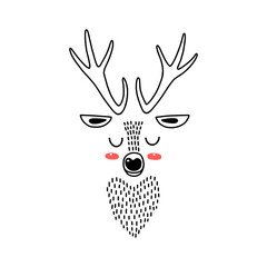 Deer head portrait. Stylized drawing reindeer in simple scandi style. Nursery scandinavian art. Black and white vector illustration - 478667253