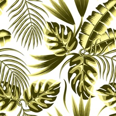 Fototapeta na wymiar green light color vintage tropical banana palm leaves seamless pattern with monstera plants and foliage on white background. vector design. jungle print. nature wallpaper. Exotic tropics. Summer 