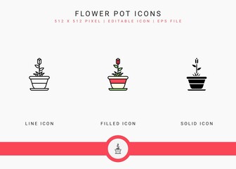 Flower Pot icons set vector illustration with solid icon line style. Plant gardening agriculture concept. Editable stroke icon on isolated background for web design, user interface, and mobile app