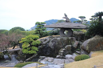 鹿児島の風景、「仙厳園」。庭園の鶴灯篭。「仙厳園」は元島津家別邸。1658年、19代光久によって築かれた。