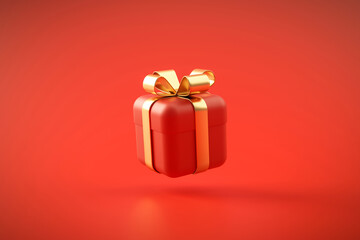Red gift box gold ribbon valentine or christmas or anniversary celebration surprise background 3D rendering.