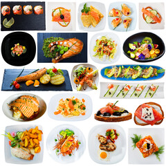 Collection of delicious homemade and restaurant fish dishes with salmon isolated on white