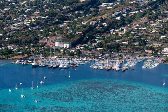 Sailboats at Tropical Islands of French Polynesia. Capital City Papeete on Tahiti