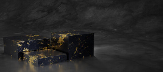 3D render cube podium made of black marble with gold texture in black blackground.