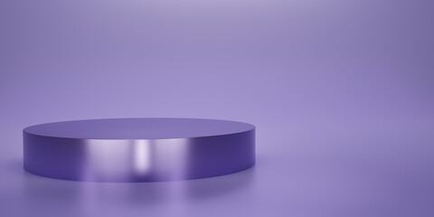 Shiny purple round pedestal or podium  with studio  backdrops. Blank display or clean room for showing product.Copy space for texts. Minimalist mockup for podium display or showcase. 3D rendering.