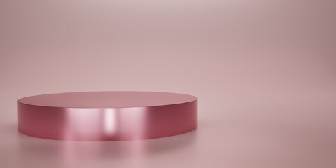 Shiny pink round pedestal or podium  with studio  backdrops. Blank display or clean room for showing product.Copy space for texts. Minimalist mockup for podium display or showcase. 3D rendering.