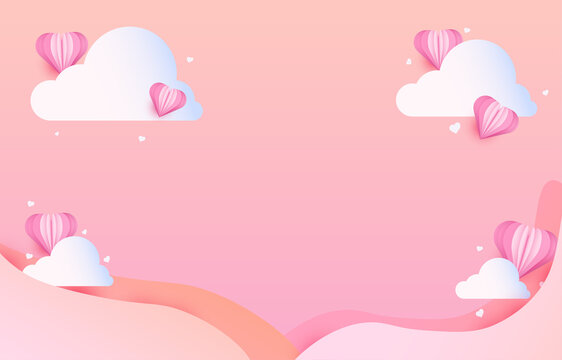 Paper cut elements in shape of heart with the clouds has free space.and pink sweet background. Vector symbols of love for Happy Valentine's Day, birthday or mother's day greeting card design.