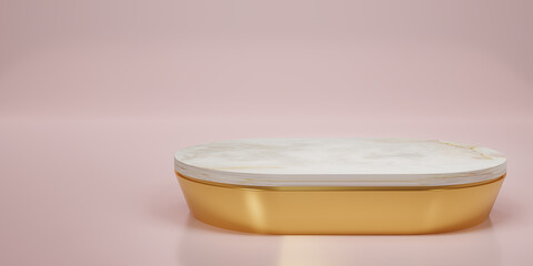Shiny gold with white marble oval pedestal or podium in studio backdrops. Blank display or clean room for showing product. Copy space. Minimalist mockup for podium display or showcase. 3D rendering.