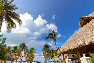 Serene turquoise Isla Mujeres beach Playa Norte famous for emerald waters, sandy sea shore and...