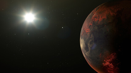 Earth with orbiting asteroids and dead planet. End of the world concept. 3D illustration