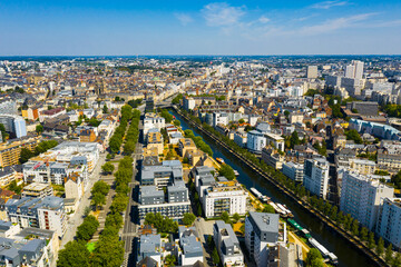 Panoramic view of Rennes city with modern apartment buildings , administrative center of Brittany region, France..