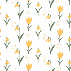  Vector seamless pattern with yellow flowers. Pattern with spring flowers. Spring pattern. Spring pattern with snowdrops.