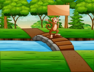 Wandaufkleber Cartoon a monkey holding wooden board on a bridge © dreamblack46