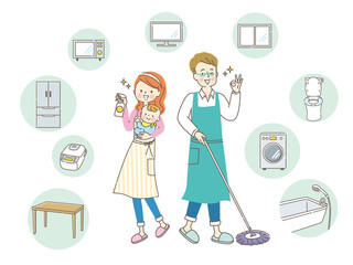 家の中を除菌する笑顔の夫婦と家具と家電