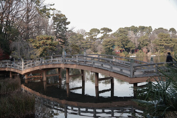 Fototapeta na wymiar 美しい形の池月橋。洗足池公園にて