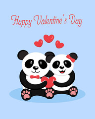 Sweet lovely cute panda couple illustration, holding heart sign with panda love typography, celebrating Valentine's Day