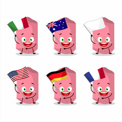 Pink chalk cartoon character bring the flags of various countries