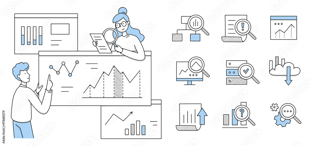 Poster people research analytics on dashboard with graphs and charts. vector doodle icons of statistic anal