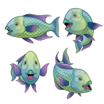Cartoon Parrot fish in various poses