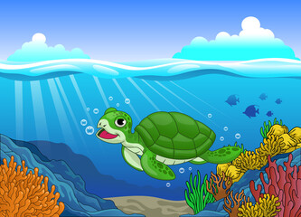 Cute cartoon Turtle swimming in coral reef