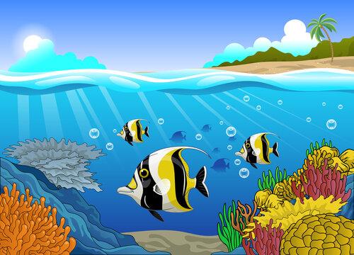 Cute Cartoon of Moorish Idol Fish Pack Swiming in the Coral