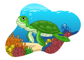 Turtle in cute Cartoon style swimming in the coral reef
