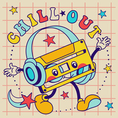 Groovy retro cassette tape with slogan. 70's, 80's, 90's style fun vintage illustration and motivation quote: "Chill out" for tee, t shirt