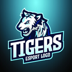 Blue and White Tiger E-Sport Logo, Mascot, and Emblem Template Isolated Vector. Illustrator Logo. Suitable for Game Streamer and E-Sport Team.