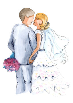 Kiss groom and bride. Wedding illustration. Happy couple