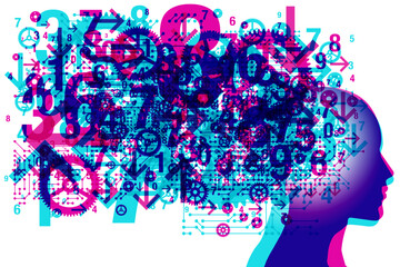 A male and female side profile silhouette overlaid with various semi-transparent magenta and cyan arrows, numbers, gears, cogs, linked grid shapes and graphic details.