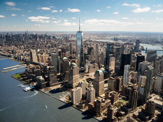 Helicopter view of Lower Manhattan and One World Trade Centre on a sunny day in New York City