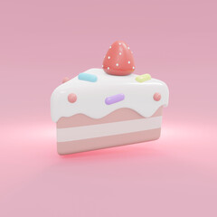 3D Rendering of strawberry cake  in pastel theme on pink background. 3D Render illustration. Square frame.