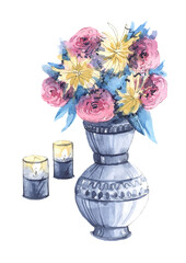 Watercolor illustration. Bouquet in a vase. Happy holiday