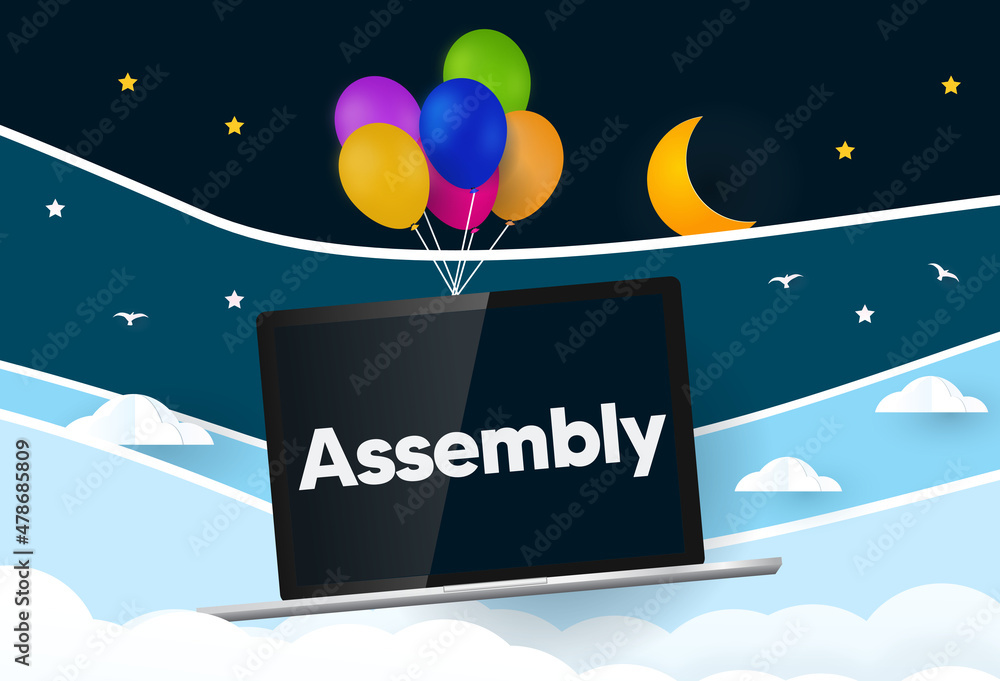 Poster assembly programming language... balloons carries laptop with word assembly