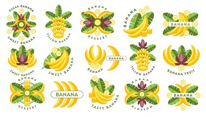 Set of logos, emblems, badges with yellow bananas, banana leaves, flowers, slices. Good for decoration of food packaging, groceries, agriculture stores, advertising. Flat style