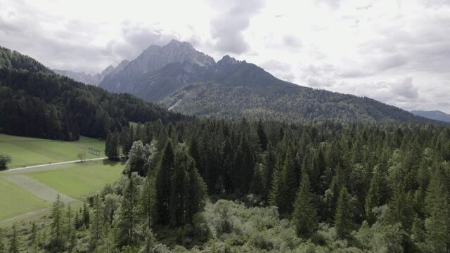 video with drone of a diagonal crane plane in the Zelenci nature reserve with the caerretera and the Dolomite mountains in the background.