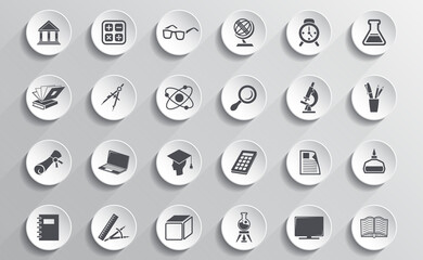 User interface buttons with education icons. Vector illustration of a set of realistic buttons for gadgets with icons and symbols of education.
