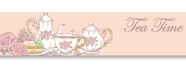 ティー・タイム、アンティーク小物のイラストを使ったバナー・デザイン。ティーポットやティーカップ。ベクターイラスト