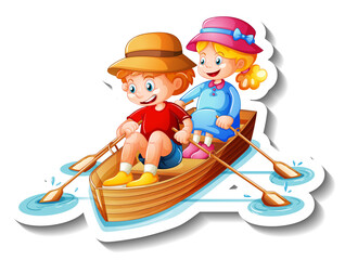 Children rowing boat on white background