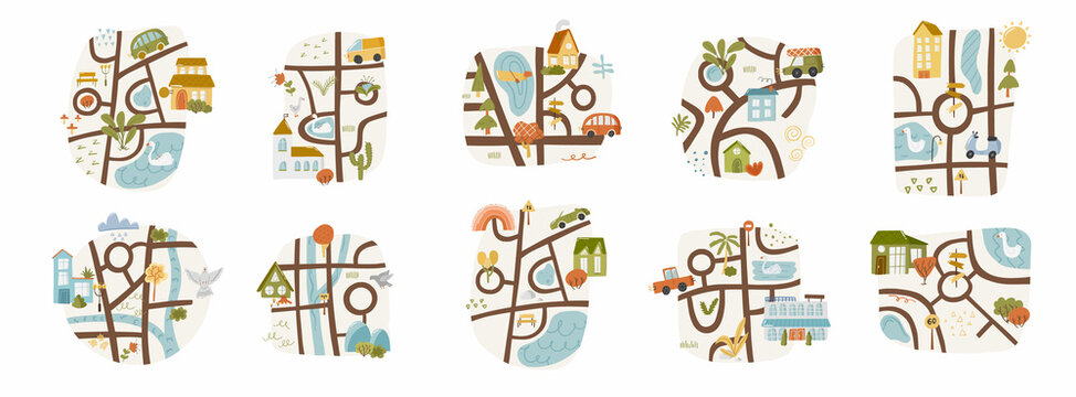Set of 10 cute landscape doodle map with pond, route and house river country nursery garden cartoon vector illustration, isolated on white.