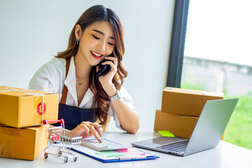 Small business owners view past product sales of the company, cropped images of women reviewing and solving product problems by calling the sales office, trading ideas and modern business people.