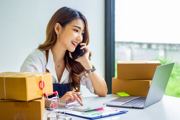 Small business owners view past product sales of the company, cropped images of women reviewing and solving product problems by calling the sales office, trading ideas and modern business people.