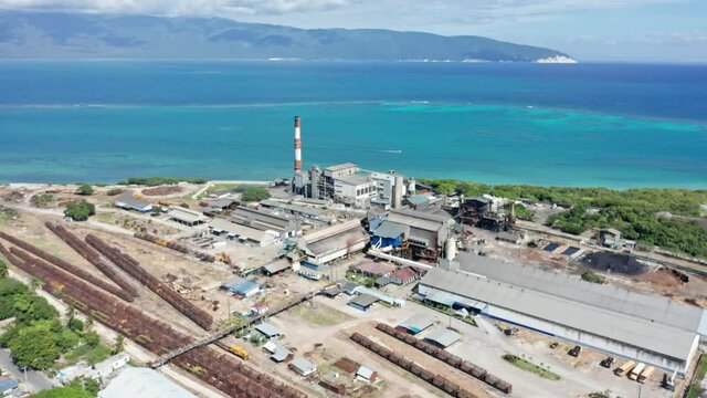 Sugar cane processing industrial facility on Caribbean coast; aerial