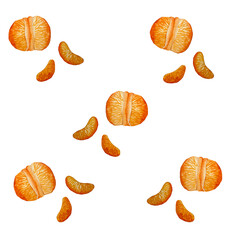 Watercolor pattern tangerines and tangerine slices on a white background.