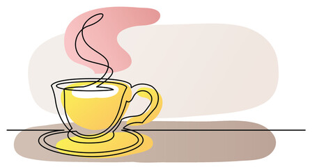 continuous line drawing of cup of coffee with saucer